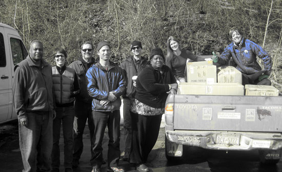 Max, Nancy, Rik, Paavo, Will, Ruth, Beth, & Ilene (and Paula behind the camera)  at the Mahwah warehouse after loading up the first 400 coats.