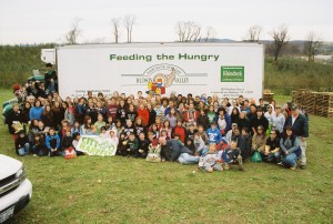 300 people showed up to harvest for the hungry. We picked 62 bins of apples on Veteranâ€™s Day 2009. . .roughly 62,000 lbs! 