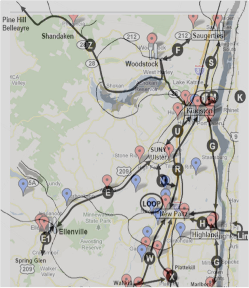 Map of Ulster Bus Lines and Food Pantries