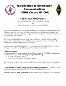 Introduction to Emergency Communications (ARRL Course EC-001) Woodstock Rescue Squad Headquarters 226 Tinker Street, Woodstock, NY Saturday, December 13, 2014, 9:00 AM to 5:00 PM and Sunday, December 14, 2014, 9:00 AM to 5:00 PM