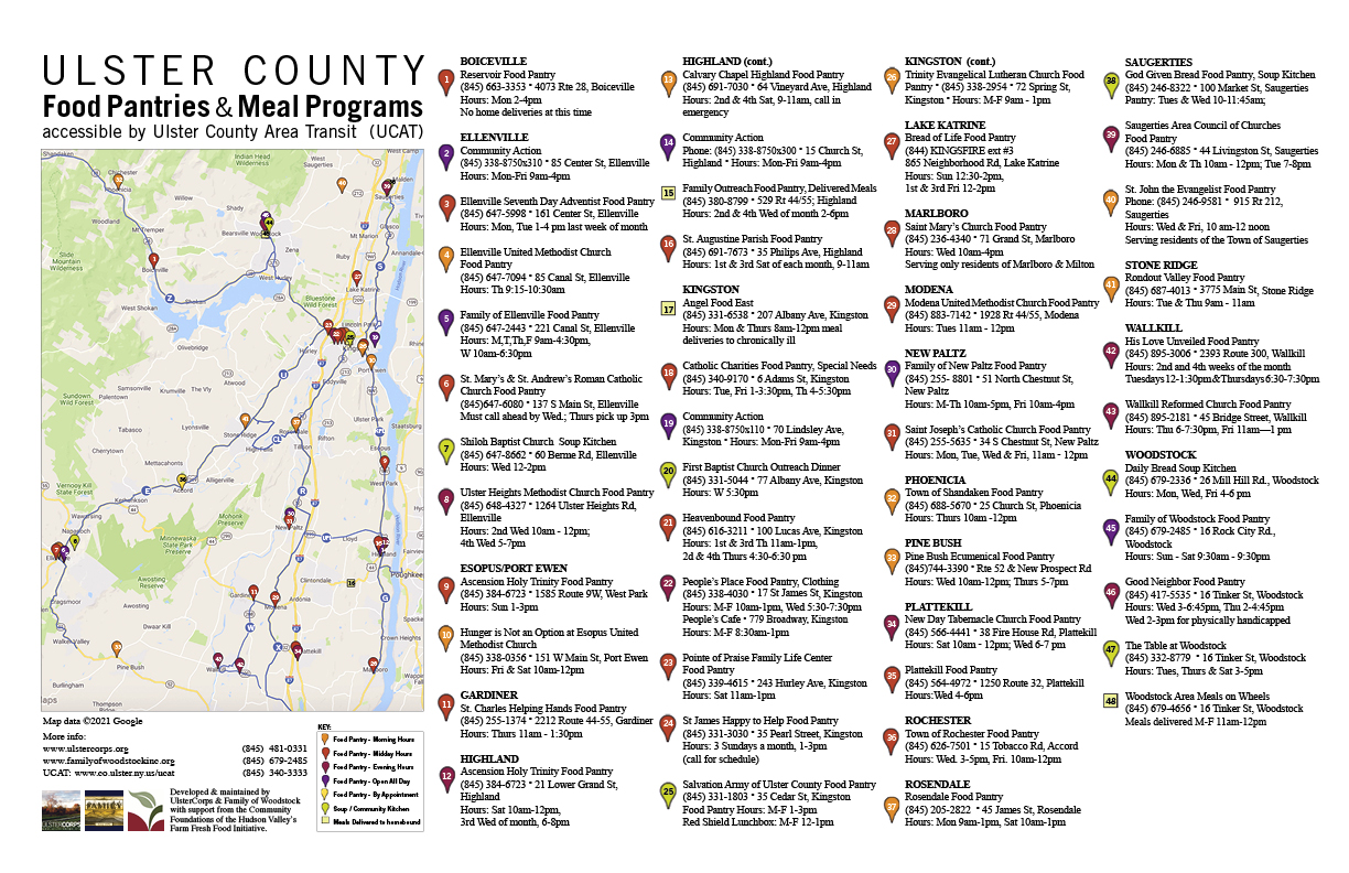 Map of Ulster County Food Pantries, Meal Programs and UCAT bus lines, developed & maintained by UlsterCorps & Family of Woodstock.